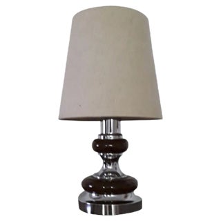 Vintage Table Lamp in Chrome Metal & Brown Ceramic with Beige Fabric Shade, 1970s For Sale