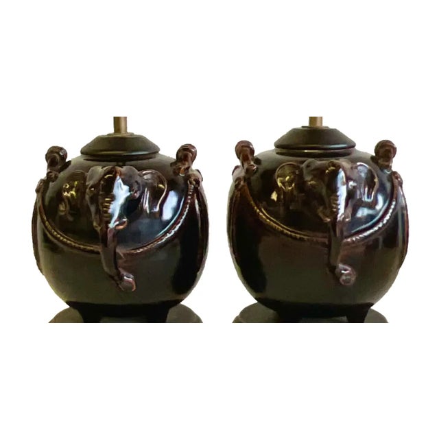 Vintage Glazed Ceramic Elephant Lamps - a Pair For Sale - Image 9 of 12