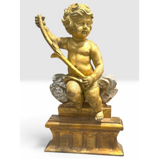 Large 18th C. Italian Baroque Carved, Gilded, Silvered Wood Putto Figure Seated. For Sale - Image 4 of 9