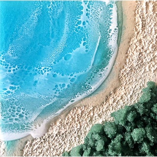 Here on the Beach #2 by Ana Hefco | Mixed Media on Wood Ocean waves and sandy beach scene For Sale
