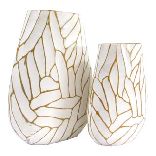 Pair of Currey & Company Cast Aluminum Anika White With Gold Accent Vases For Sale