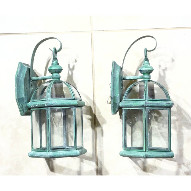 Small Pair of Vintage-Style Solid Brass Wall Lanterns Sconces- 12”25 X 6” X6” For Sale - Image 4 of 11