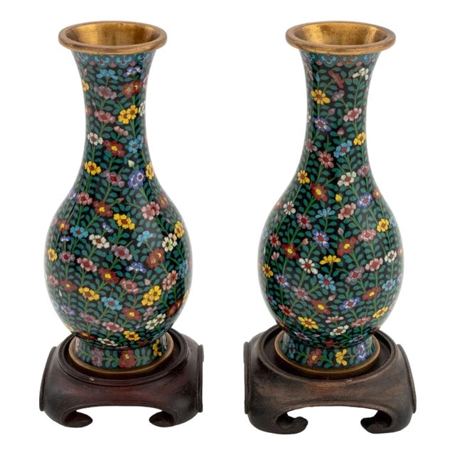 Chinese Cloisonne Floral Design Vases, Pair For Sale