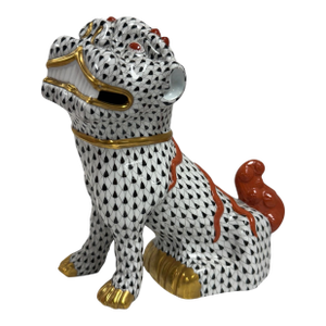 1980s Herend Hungary Large Foo Dog Black Fishnet With Rust Color Accent and 24k Gold Accents