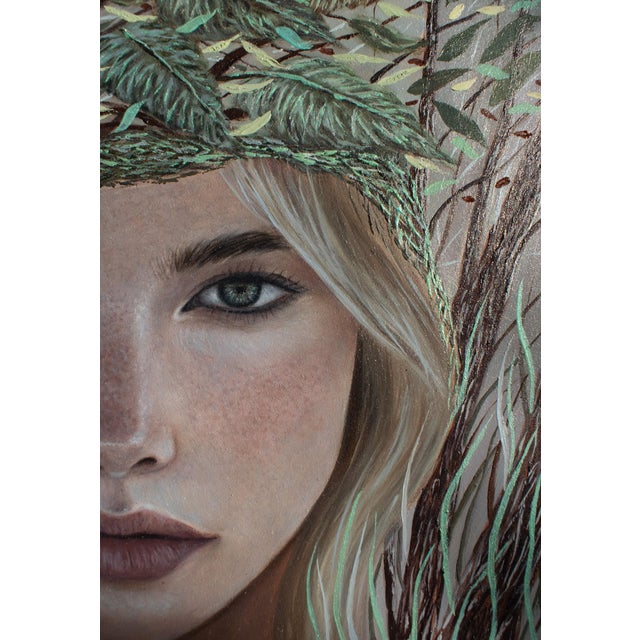 Early 21st Century Forest Whisper by Andrada Trapnell | Oil on Board Portrait of a woman with foliage crown For Sale - Image 5 of 5