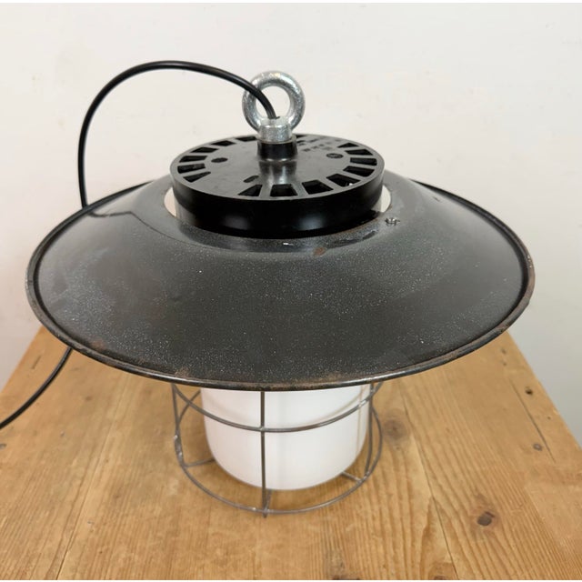 Brown Industrial Grey Enamel, Glass, and Iron Cage Pendant Lamp from Elektrosvit, 1960s For Sale - Image 8 of 16