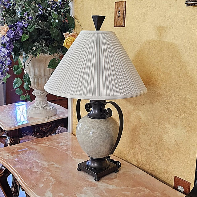 Ashley Gavivi Style Crackle-Glaze Ceramic Urn & Bronze Scroll Table Lamp For Sale - Image 12 of 18