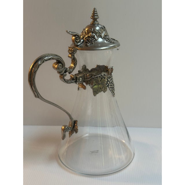 Metal Vintage Glass and Pewter Decanter With Lid and Handle Detailed With Grape Vines Motif Made in Italy For Sale - Image 7 of 14