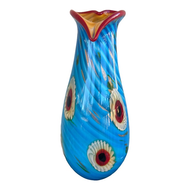 Large Vintage Murano Art Glass Vase With Millefiori Flowers, Gold Aventurine & Heart-Shaped Rim, Italy For Sale