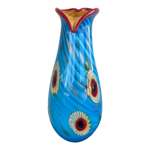 Large Vintage Murano Art Glass Vase With Millefiori Flowers, Gold Aventurine & Heart-Shaped Rim, Italy