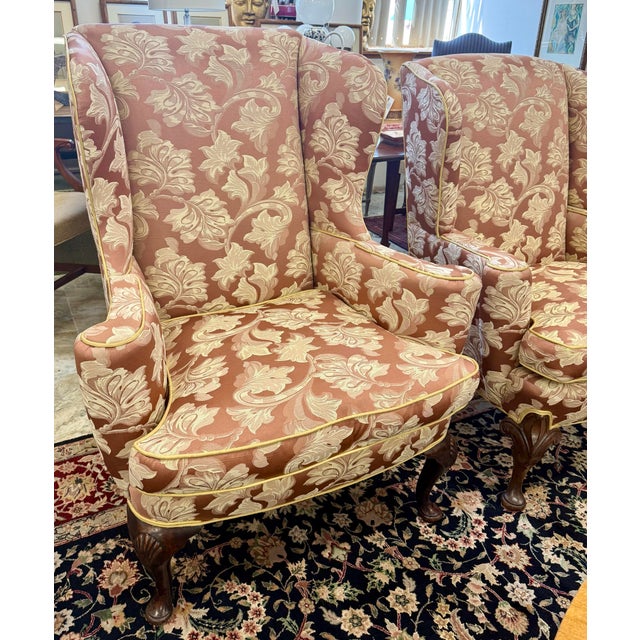 Wood Pair of Custom Upholstered Floral Wingback Chairs Wingbacks For Sale - Image 7 of 7