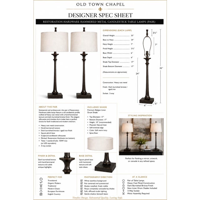 PAIR OF RESTORATION HARDWARE ARCHITECTURAL CANDLESTICK TABLE LAMPS WITH BELGIAN LINEN DRUM SHADES Bring timeless...