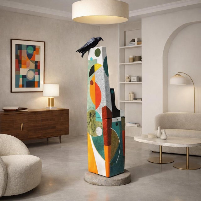 Two ceramic forms stacked on a stone base, rising together to nearly six feet. The surface moves through bold, painterly...