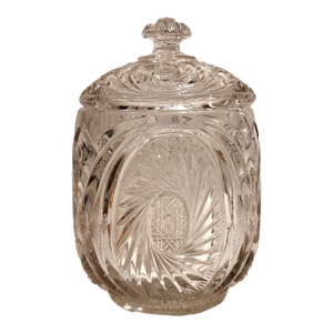 Vintage Heavy Clear Pressed Glass Pinwheel Star Pattern Lidded Biscuit Jar