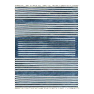 Rug & Kilim's Contemporary Dhurrie Rug in Dark Blue and White Stripes - 6x9 For Sale