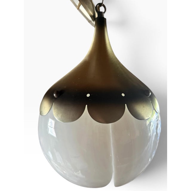 1960s Vintage Mid Century Modern Tulip Milk Glass & Brass Hanging Pendant Lights, Pair For Sale - Image 5 of 10