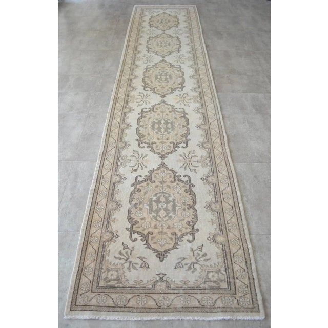 Traditional Oushak Runner Rug Faded Colors Low Pile Distressed Long Runner Rug - 2'9″ X 12'7″ For Sale - Image 4 of 10