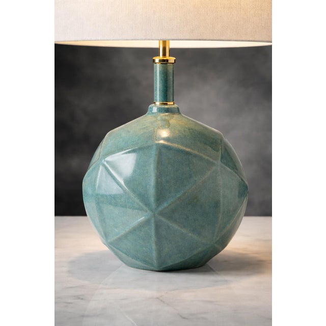 Pop Art Coastal Modern Faceted Ceramic Table Lamp in Sea Glass Glaze With Brass Accents For Sale - Image 3 of 7