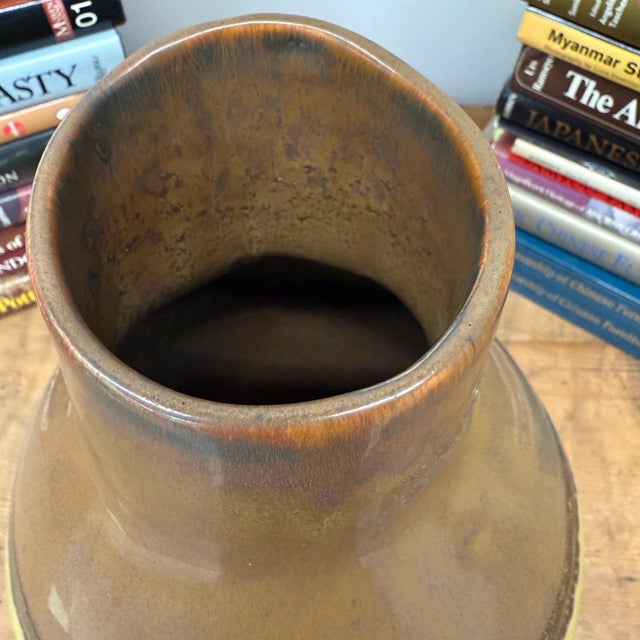 Round Pistachio Green Ceramic Vase with Brown Curved Top For Sale - Image 9 of 9