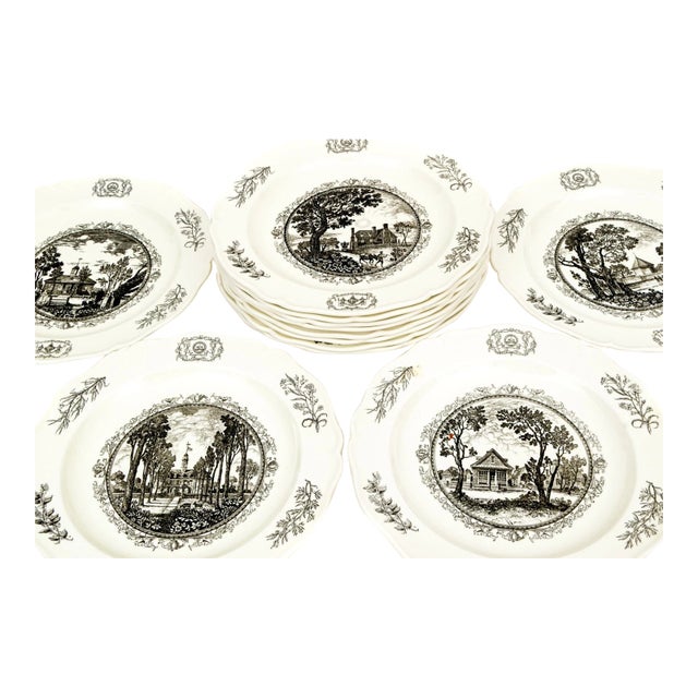 Mid 20th Century English Wedgwood Williamsburg Restoration Transferware Plates, Set of 12 For Sale