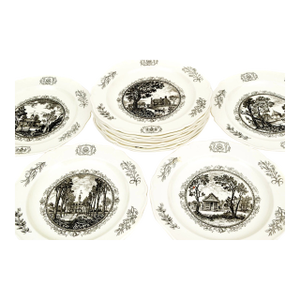 Mid 20th Century English Wedgwood Williamsburg Restoration Transferware Plates, Set of 12