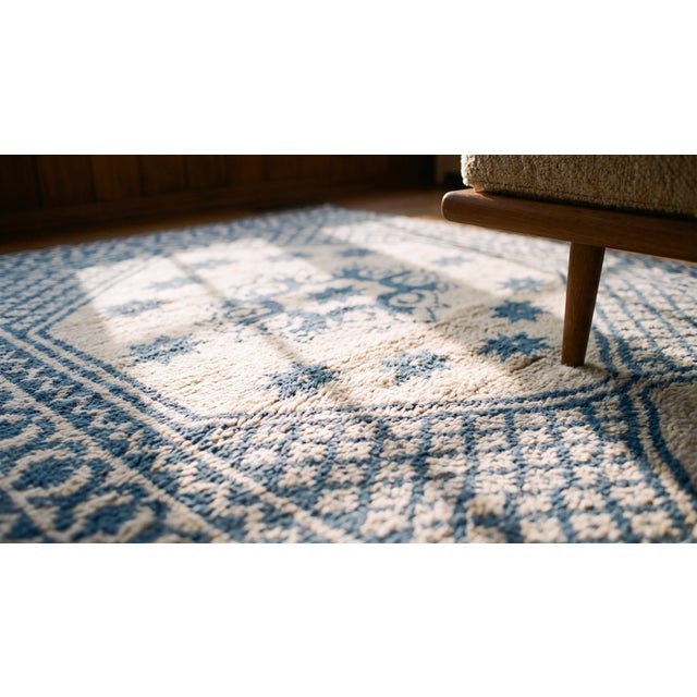 Textile 1900s Blue Geometric Antique Indian Agra Cotton Rug 4'2"x 7'9" Knotted Carpet For Sale - Image 7 of 7