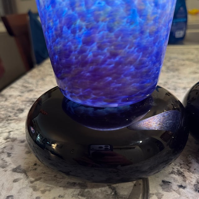 Gallery Quality Pair of Signed Art and Numbered Murano Style Glass Lamps, Cobalt Blue With Iridescent Pattern For Sale - Image 4 of 12