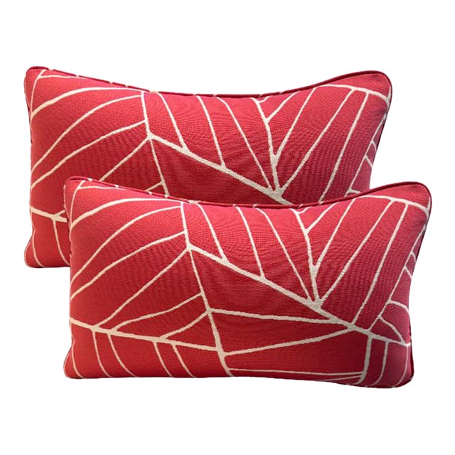 Pair of Thibaut Geometric Pink & White Lumbar Pillows For Sale