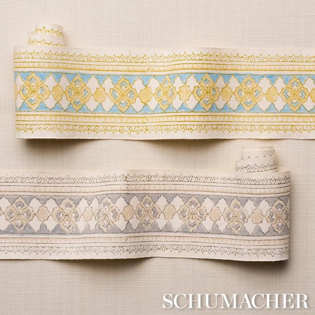 Schumacher SAMPLE - Schumacher Amira Hand Block Printed Fabric In Yellow & Aqua For Sale - Image 4 of 4