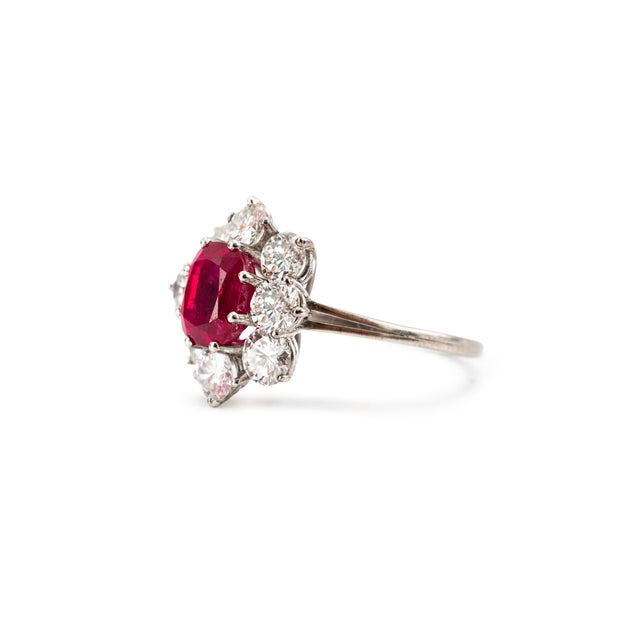 Vintage 18k White Gold Gia 3.93ctw Burma Ruby Halo Diamond Floral Cocktail Ring, Size 6.5 For Sale - Image 4 of 8