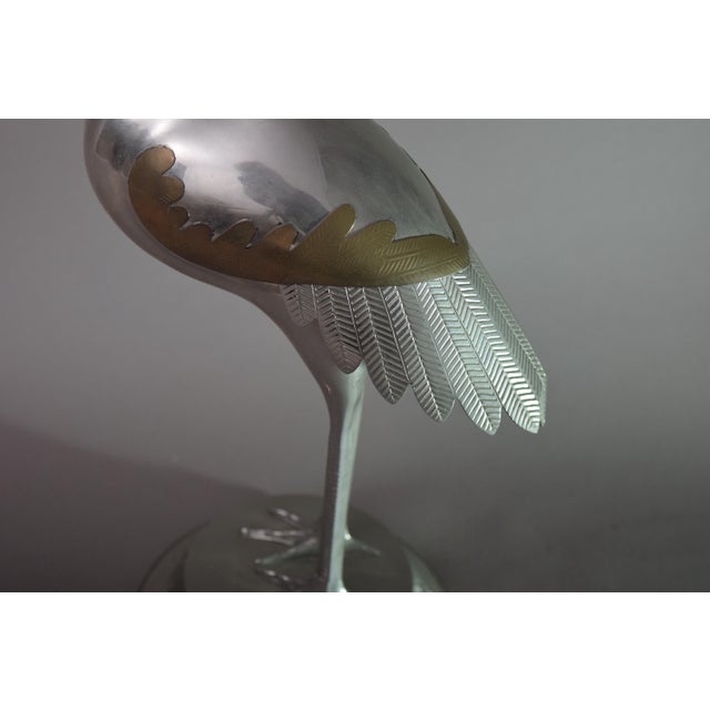 Art Deco Silver-Toned Crane Bird Sculpture with Brass Accents, 1960s For Sale - Image 3 of 11