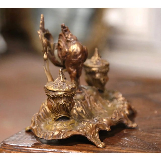 19th Century French Gilt Spelter Rooster Inkwell Signed A. Bossu For Sale - Image 10 of 12