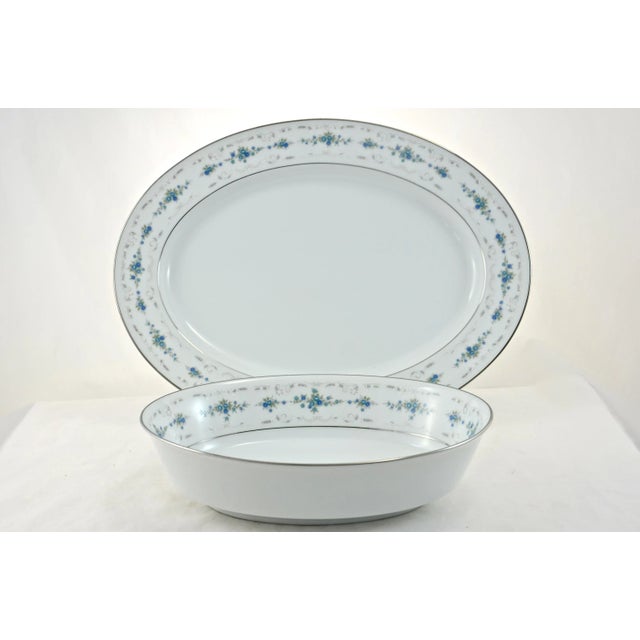 Large oval vintage Japanese porcelain tray and bowl with blue and silver floral design. Perfect for entertaining or makes...