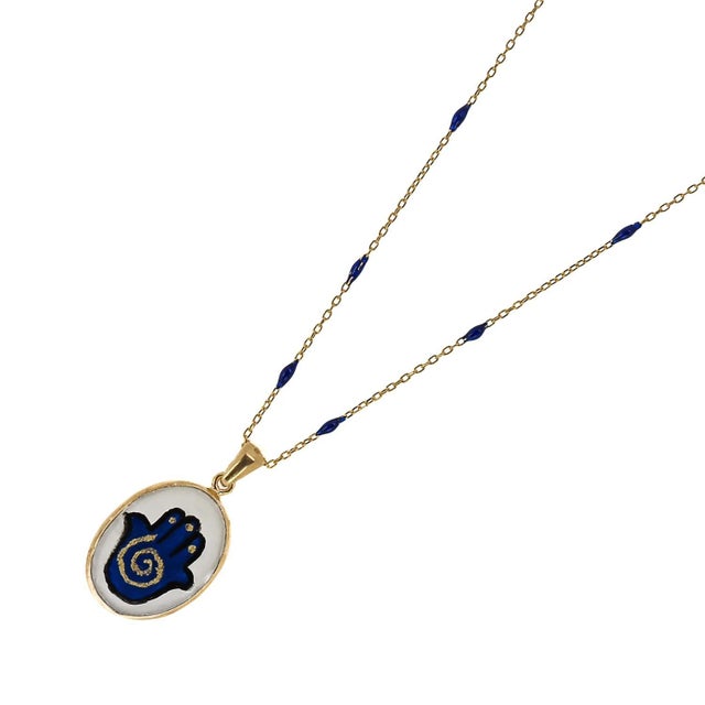 Contemporary Hamsa Hand Good Fortune Blue Pendant Gold Chain Necklace For Sale - Image 3 of 7
