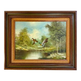 Vintage "Refuge" Original Oil Painting by A. McLaughlin, Mallards in Flight For Sale