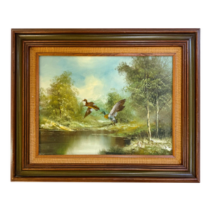 Vintage "Refuge" Original Oil Painting by A. McLaughlin, Mallards in Flight