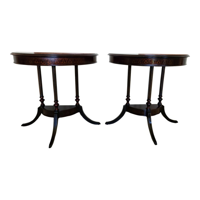 Elegant Pair of Vintage Bombay Company Half-Round Side Tables With Gold Accents For Sale