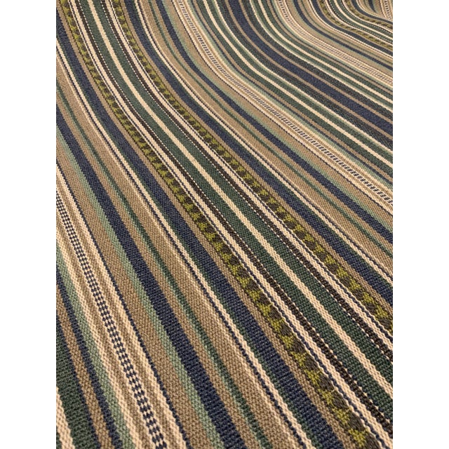 This woven striped fabric has a course hand. The color way is blue, green, taupe, and cream. It is suitable for drapes,...