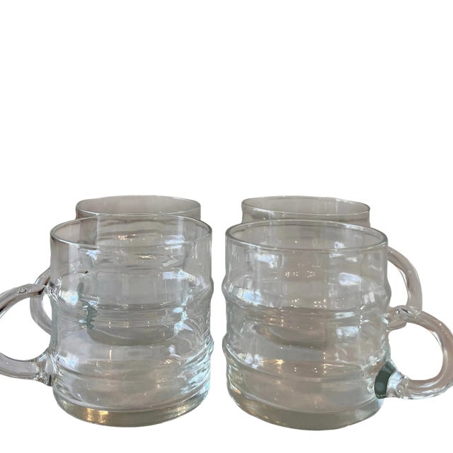 Set of 4 mid century vintage hand blown clear glass "Bamboo" punch mugs or cups from the 1970s by West Virginia Glass...