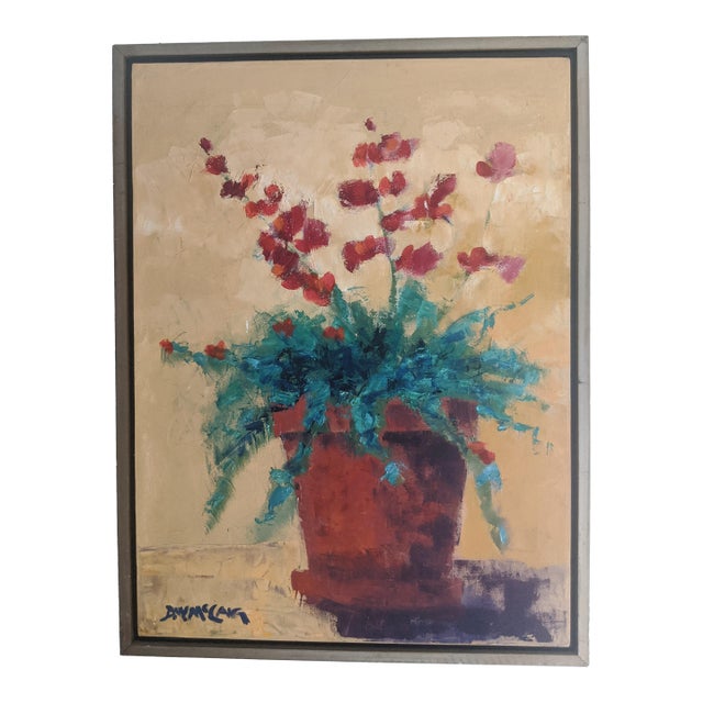 Vintage Original Still Life Potted Begonia Flower Oil Painting Signed For Sale