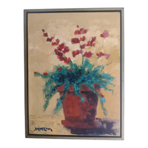 Vintage Original Still Life Potted Begonia Flower Oil Painting Signed