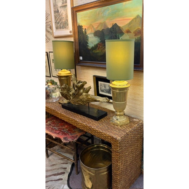 Mid Century Brass Urn Lamps With Green Shades For Sale - Image 4 of 9
