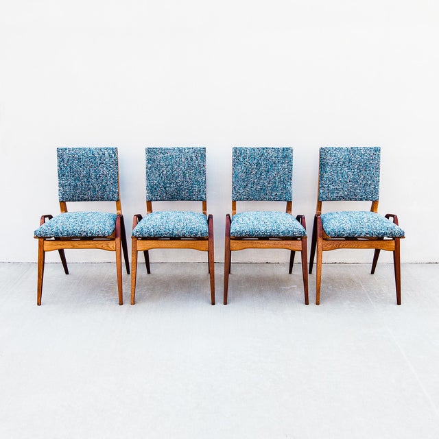 Cornflower Blue Maurice Pré Attributed Mid Century Modern Oak & Mahogany Dining Chairs, France 1950s For Sale - Image 8 of 14