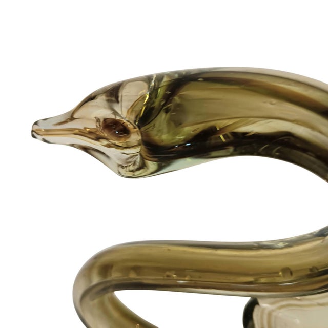 Large Art Glass Swan Vase Green Brown Swirl Handblown Mid-Century Modern Sooner Glass For Sale - Image 11 of 16