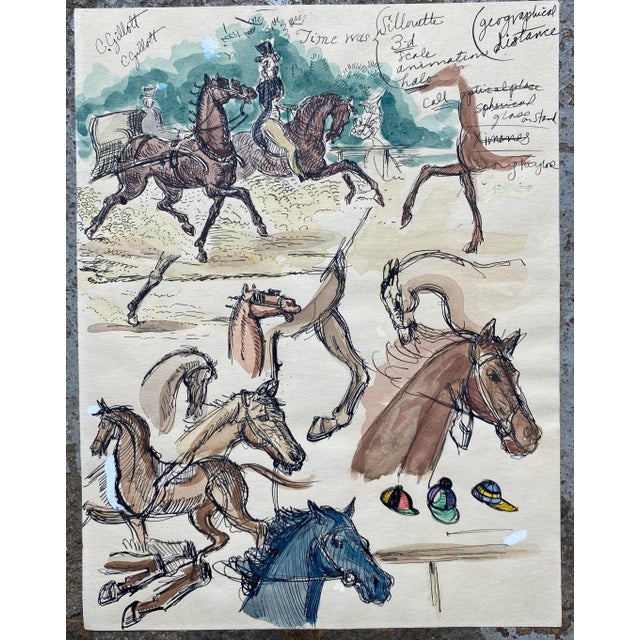 1950s watercolor studies of horses. Notes are written throughout the watercolor.