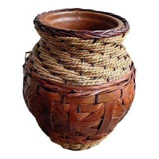 Vintage 20th Century Earthenware Jar Vase With Bamboo and Wickerwork For Sale