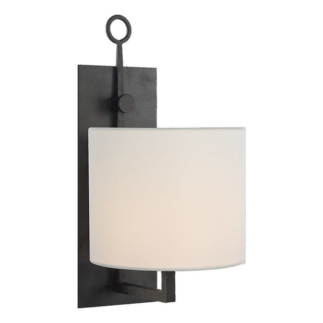 Ian K. Fowler for Visual Comfort Signature Aspen Iron Wall Lamp in Black Rust with Linen Shade For Sale
