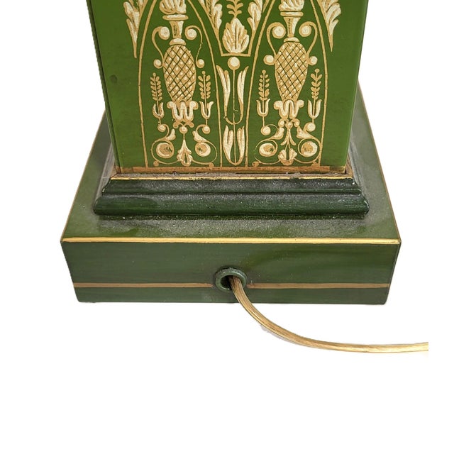 Vintage French 20th C Designer Empire Style Green & Gold Swan Urn Lamp For Sale - Image 16 of 17
