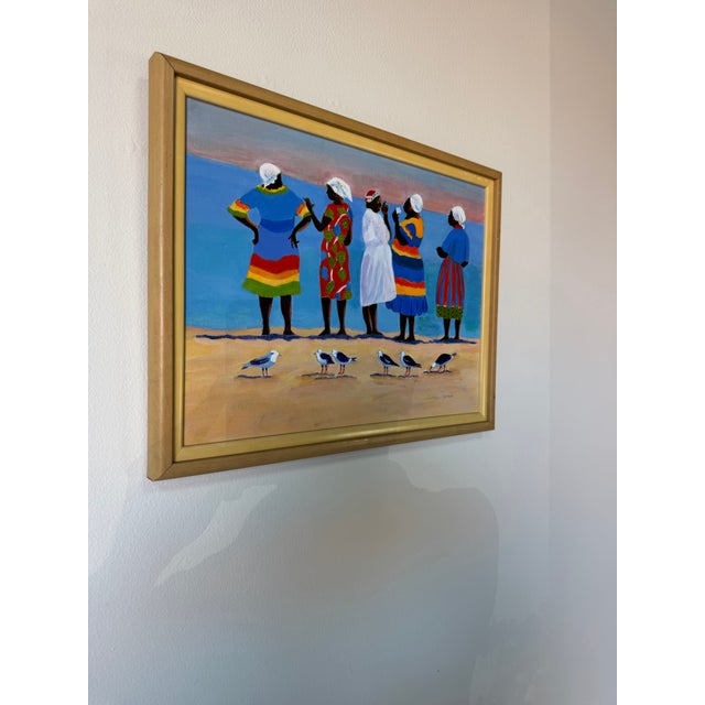 A vibrant vintage oil on board painting by artist Florence Zevich, executed in a charming folk art style and depicting a...