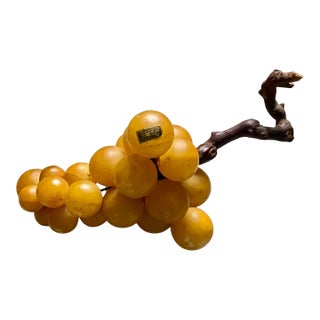 Vintage Alabaster Stone Cluster of Grapes With Wooden Stem From the 1960's, Made in Italy For Sale